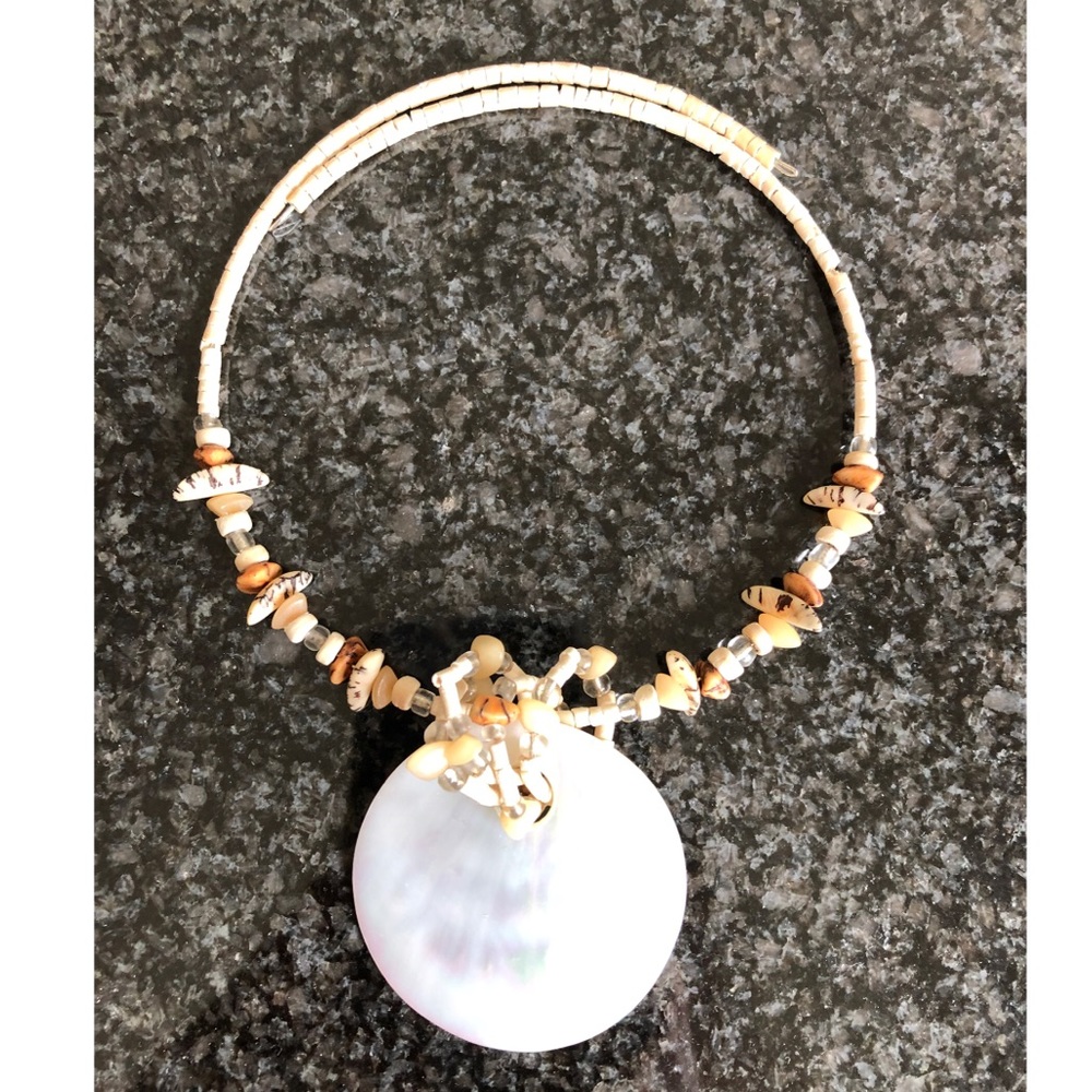 Large Shell Circle Pendant Beaded Choker Style necklace